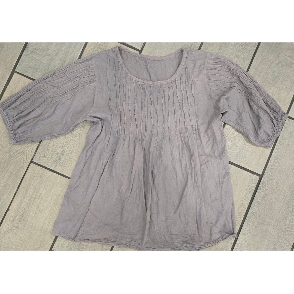 Lavender Grey Cotton Gauze Pintuck Pleated Blouse Boho Balloon Sleeve Top